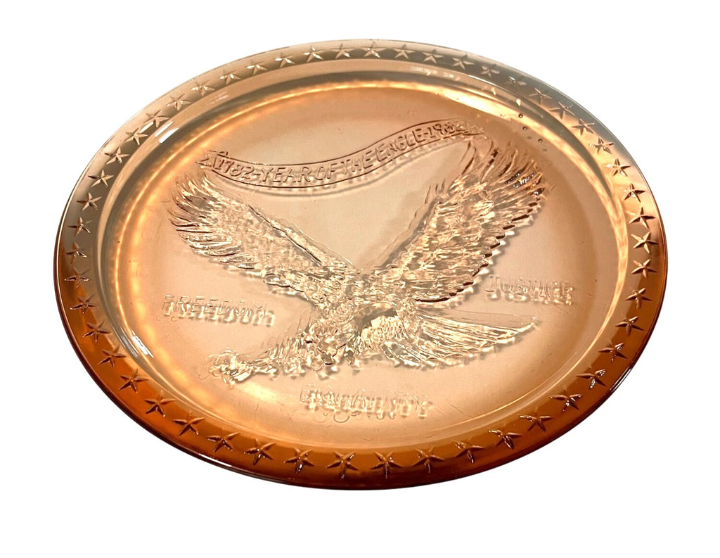 Vintage 1782 1982 Year of the Eagle Commemorative 8" Glass Plate With Star Border Freedom Justice Equality Design Pink Indiana Glass