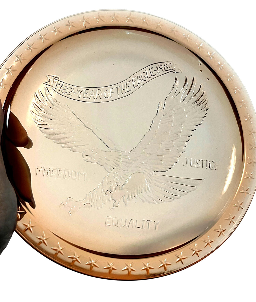 Vintage 1782 1982 Year of the Eagle Commemorative 8" Glass Plate With Star Border Freedom Justice Equality Design Pink Indiana Glass