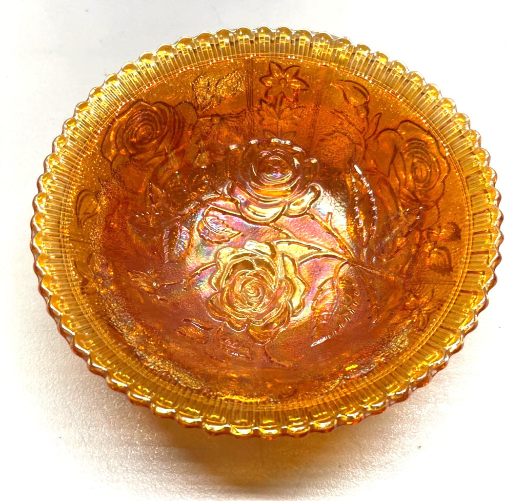 Antique Carnival Amber Glass Bowl With Embossed Roses & Scalloped Rim 8" Diameter