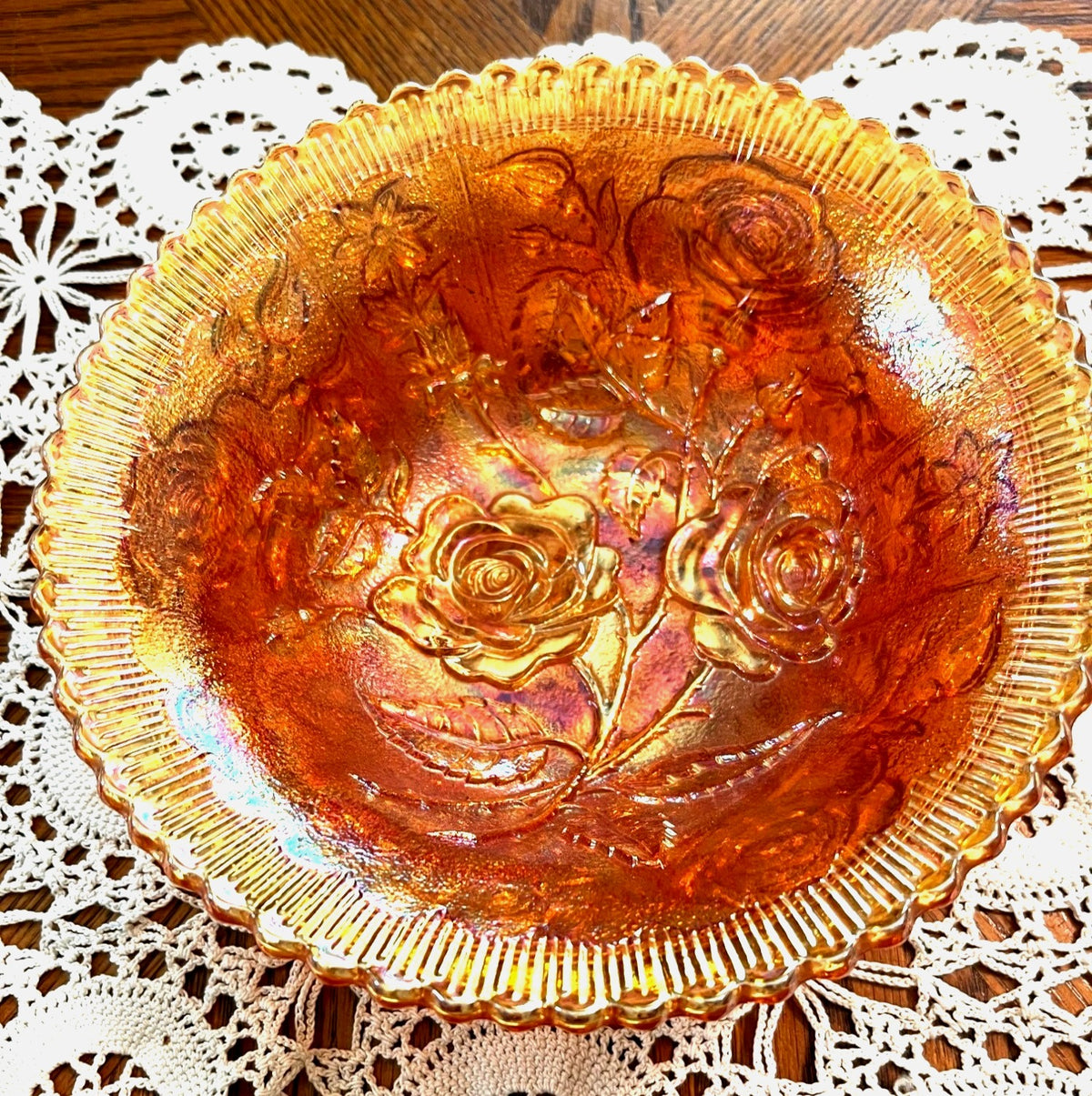 Antique Carnival Amber Glass Bowl With Embossed Roses & Scalloped Rim 8" Diameter