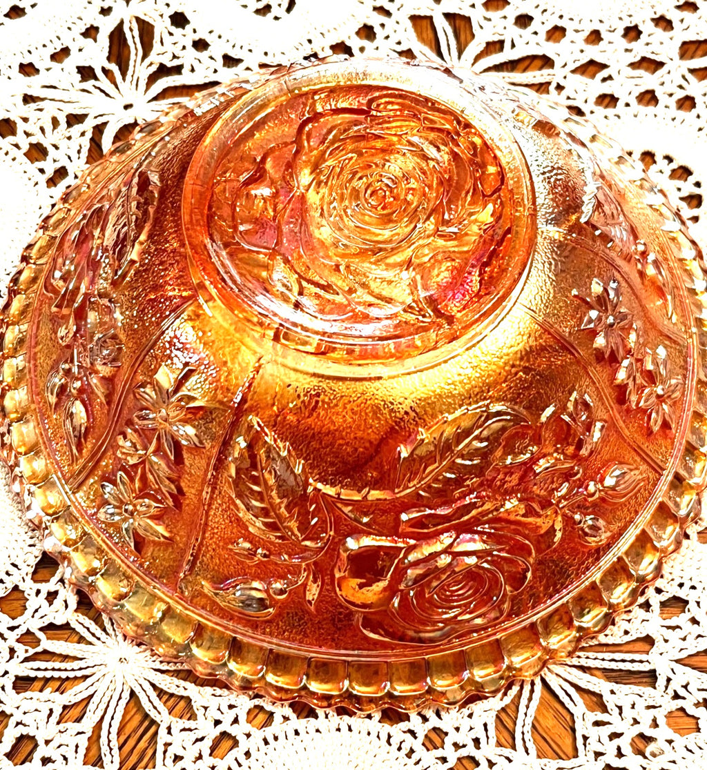 Antique Carnival Amber Glass Bowl With Embossed Roses & Scalloped Rim 8" Diameter