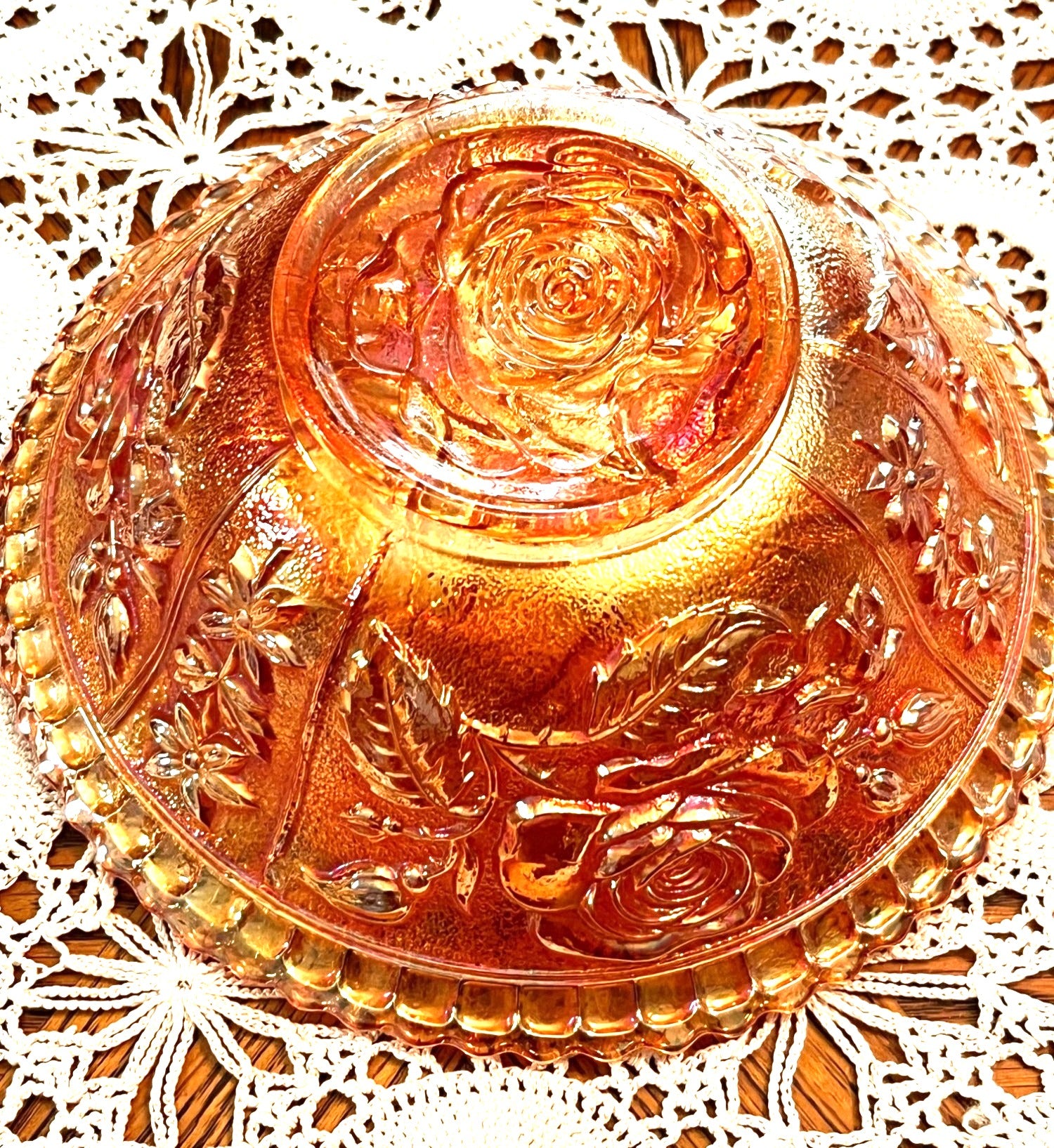 Antique Carnival Amber Glass Bowl With Embossed Roses & Scalloped Rim 8" Diameter