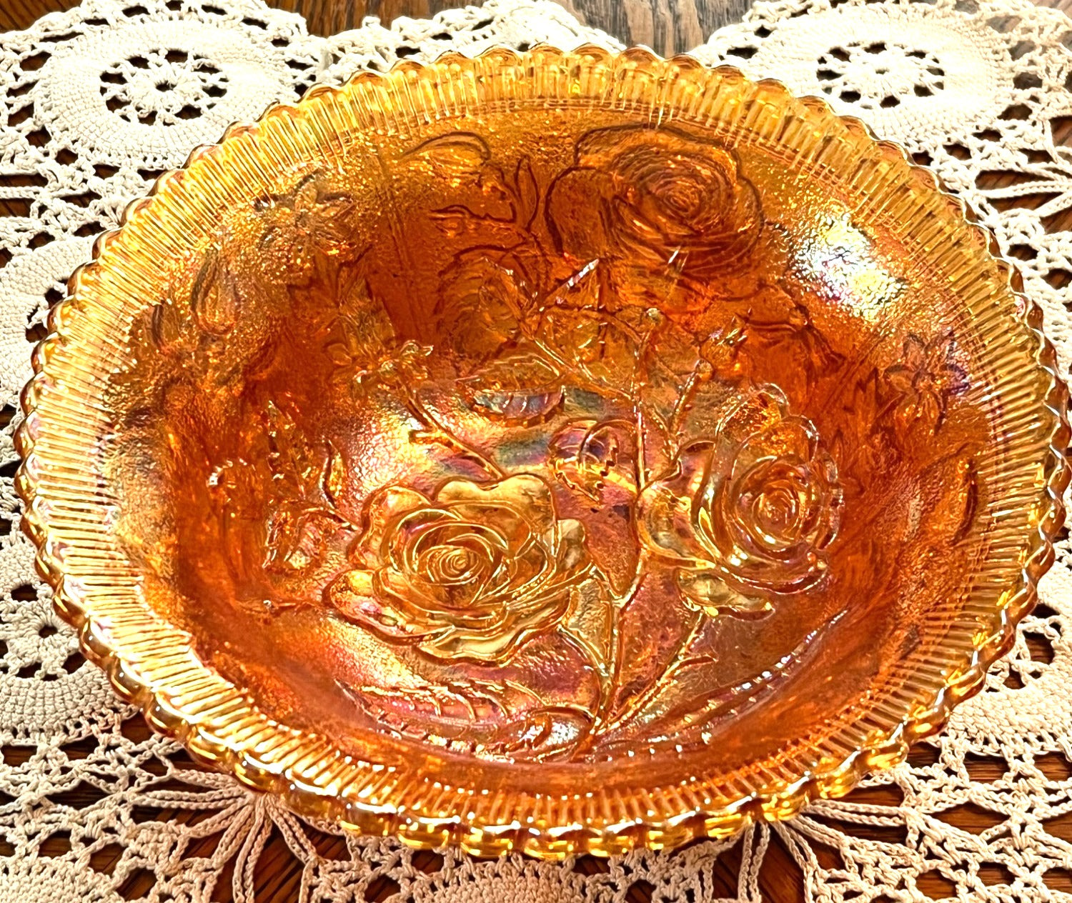 Antique Carnival Amber Glass Bowl With Embossed Roses & Scalloped Rim 8" Diameter