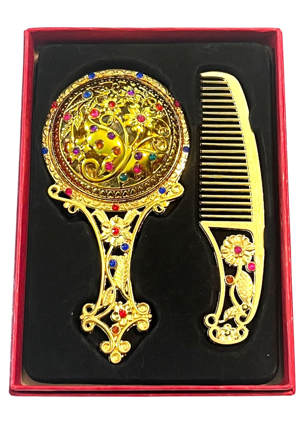 Vintage-Inspired Small Gold Hand Mirror & Comb Set With Intricate Floral Design And Colorful Gem Details In Decorative Red Gift Box