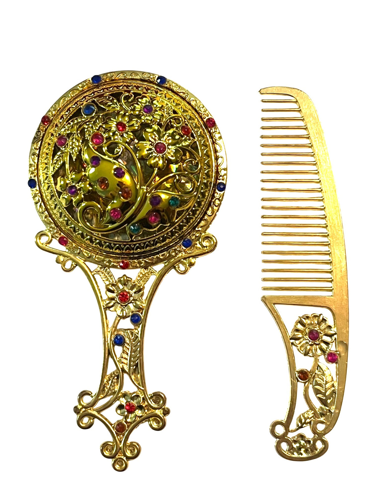 Vintage-Inspired Small Gold Hand Mirror & Comb Set With Intricate Floral Design And Colorful Gem Details In Decorative Red Gift Box