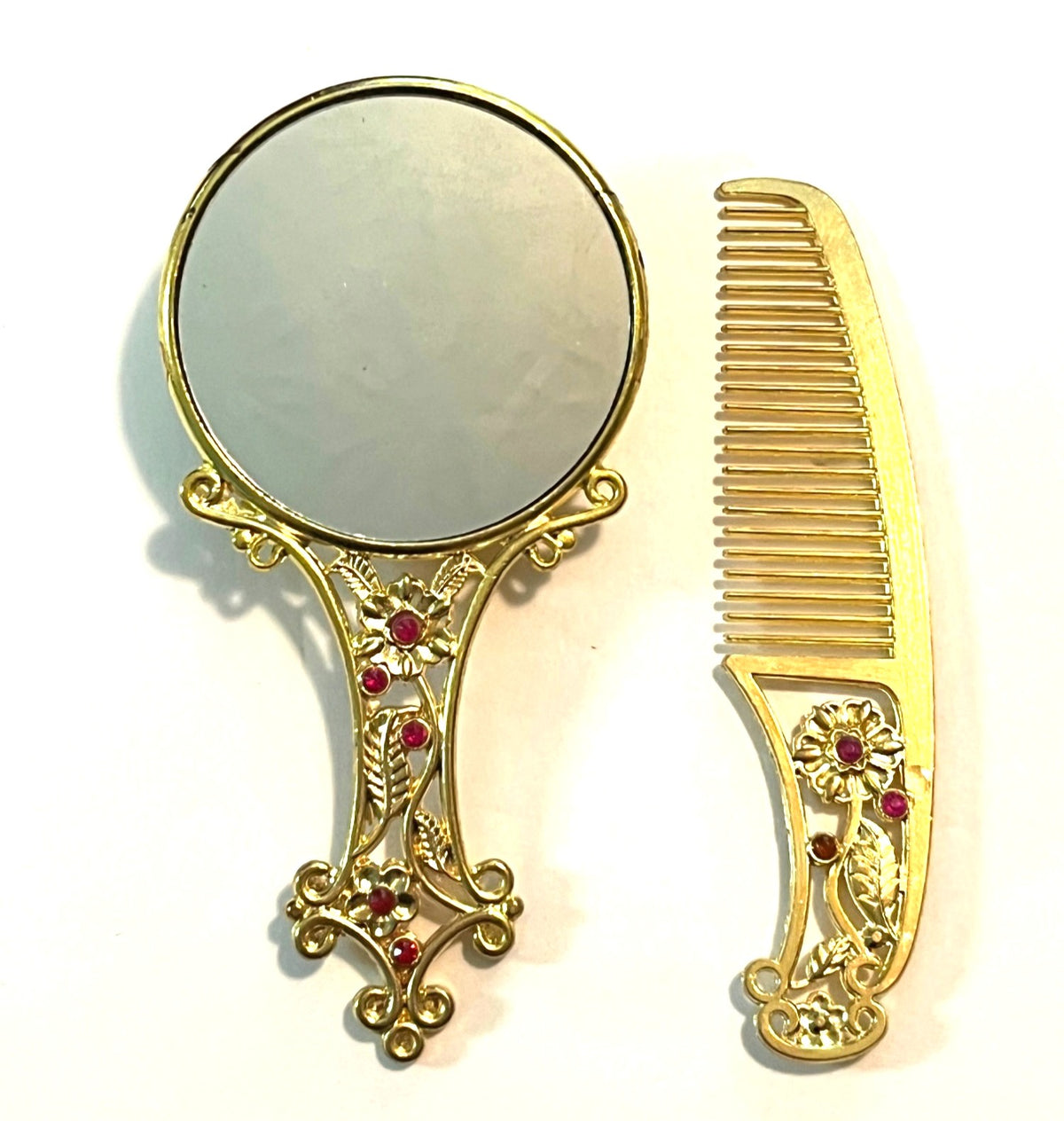 Vintage-Inspired Small Gold Hand Mirror & Comb Set With Intricate Floral Design And Colorful Gem Details In Decorative Red Gift Box