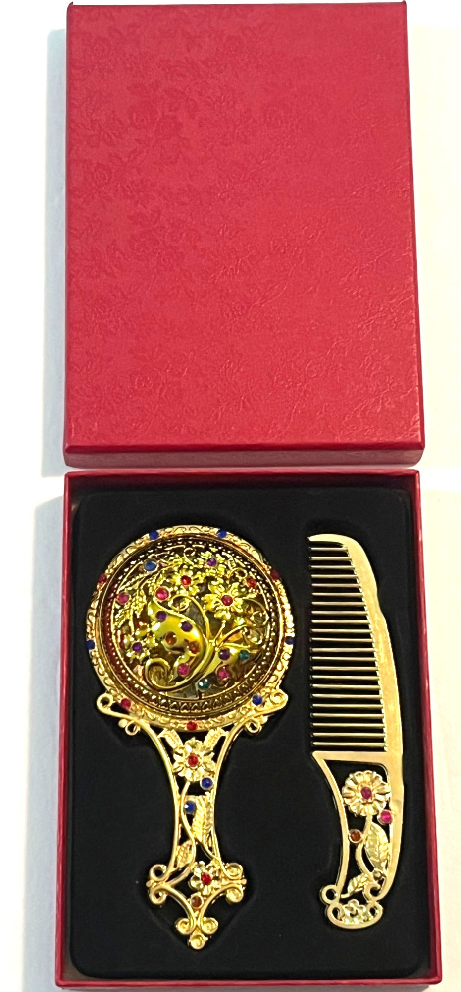 Vintage-Inspired Small Gold Hand Mirror & Comb Set With Intricate Floral Design And Colorful Gem Details In Decorative Red Gift Box