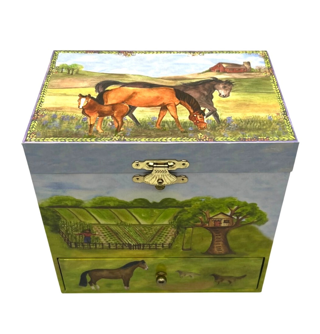 Horse Ranch Music Jewelry Box With Mirror & Drawers Revolving Horse Plays My Old Kentucky Home