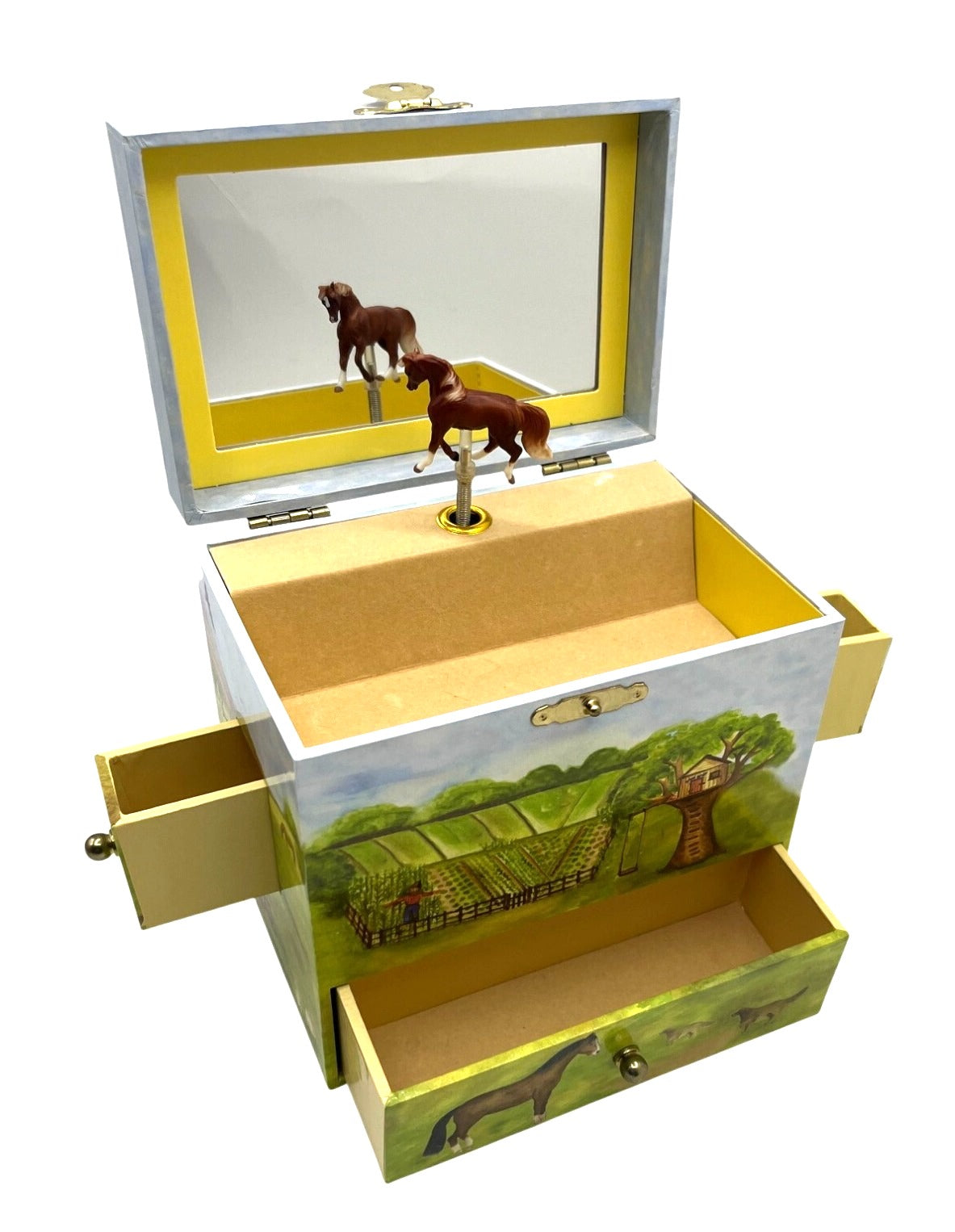 Horse Ranch Music Jewelry Box With Mirror & Drawers Revolving Horse Plays My Old Kentucky Home