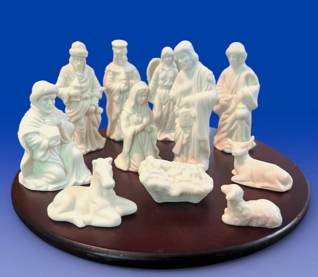 Nativity Scene 11-Piece White Ceramic Figurine Set With Wooden Base