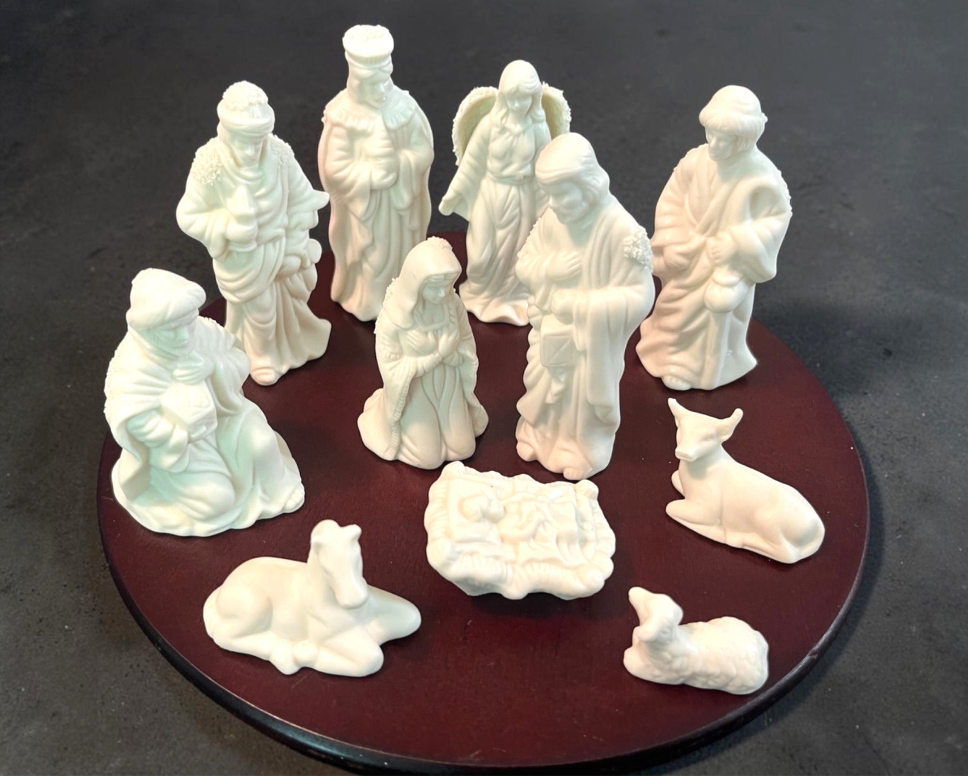 Nativity Scene 11-Piece White Ceramic Figurine Set With Wooden Base
