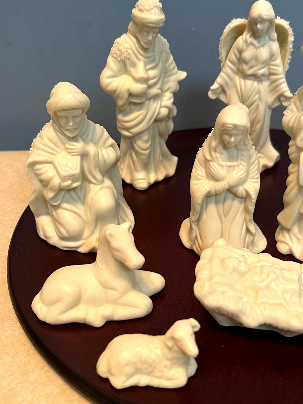 Nativity Scene 11-Piece White Ceramic Figurine Set With Wooden Base