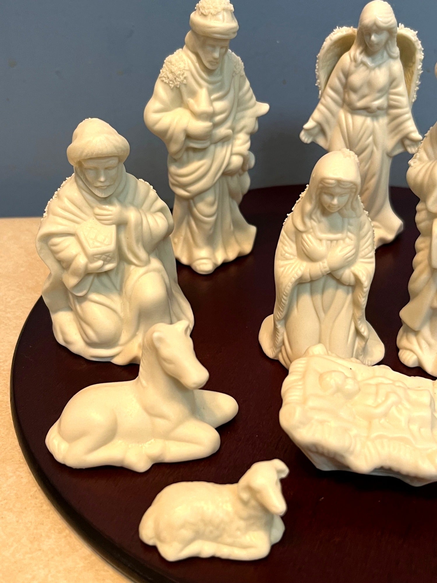 Nativity Scene 11-Piece White Ceramic Figurine Set With Wooden Base