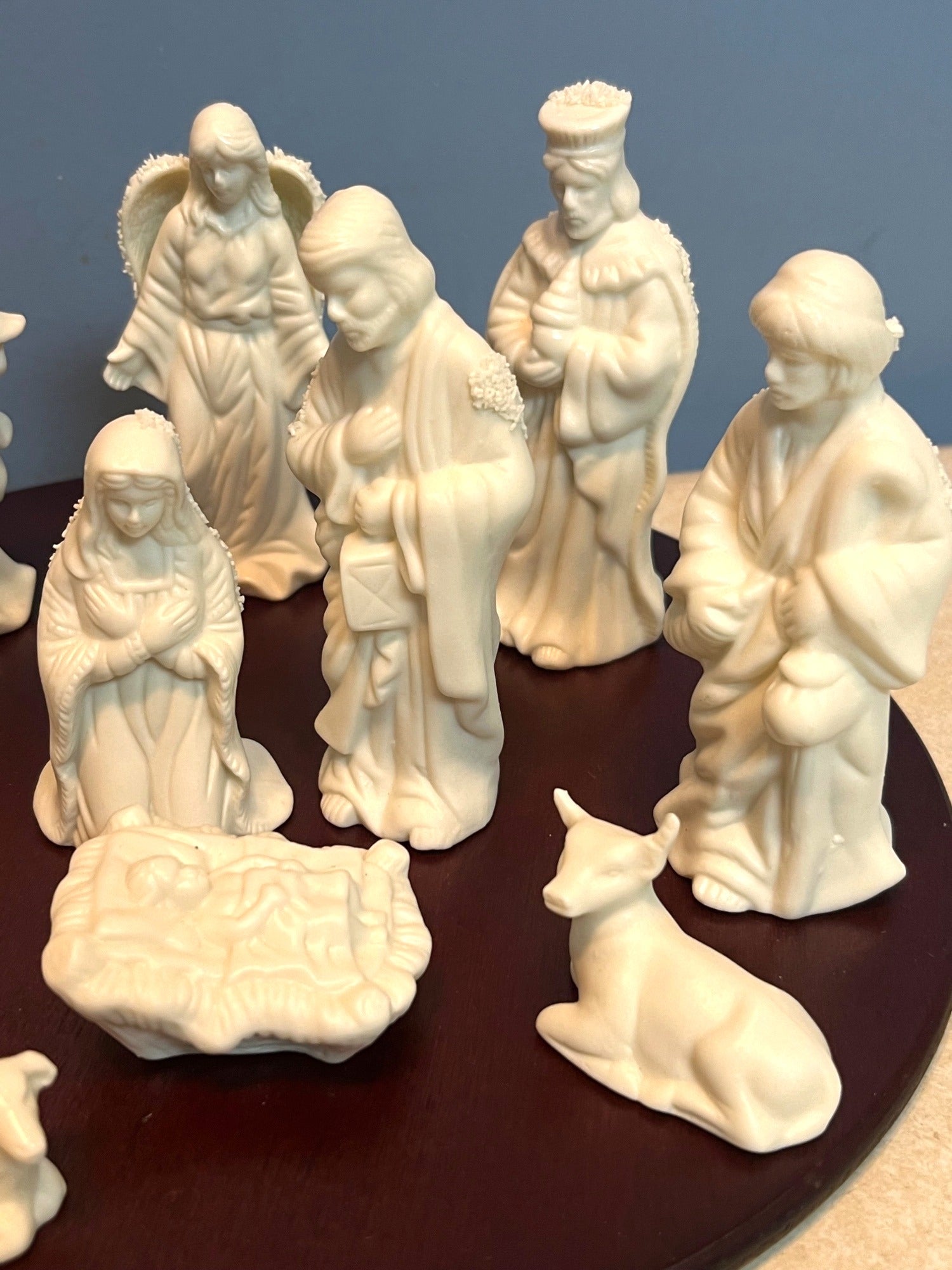 Nativity Scene 11-Piece White Ceramic Figurine Set With Wooden Base
