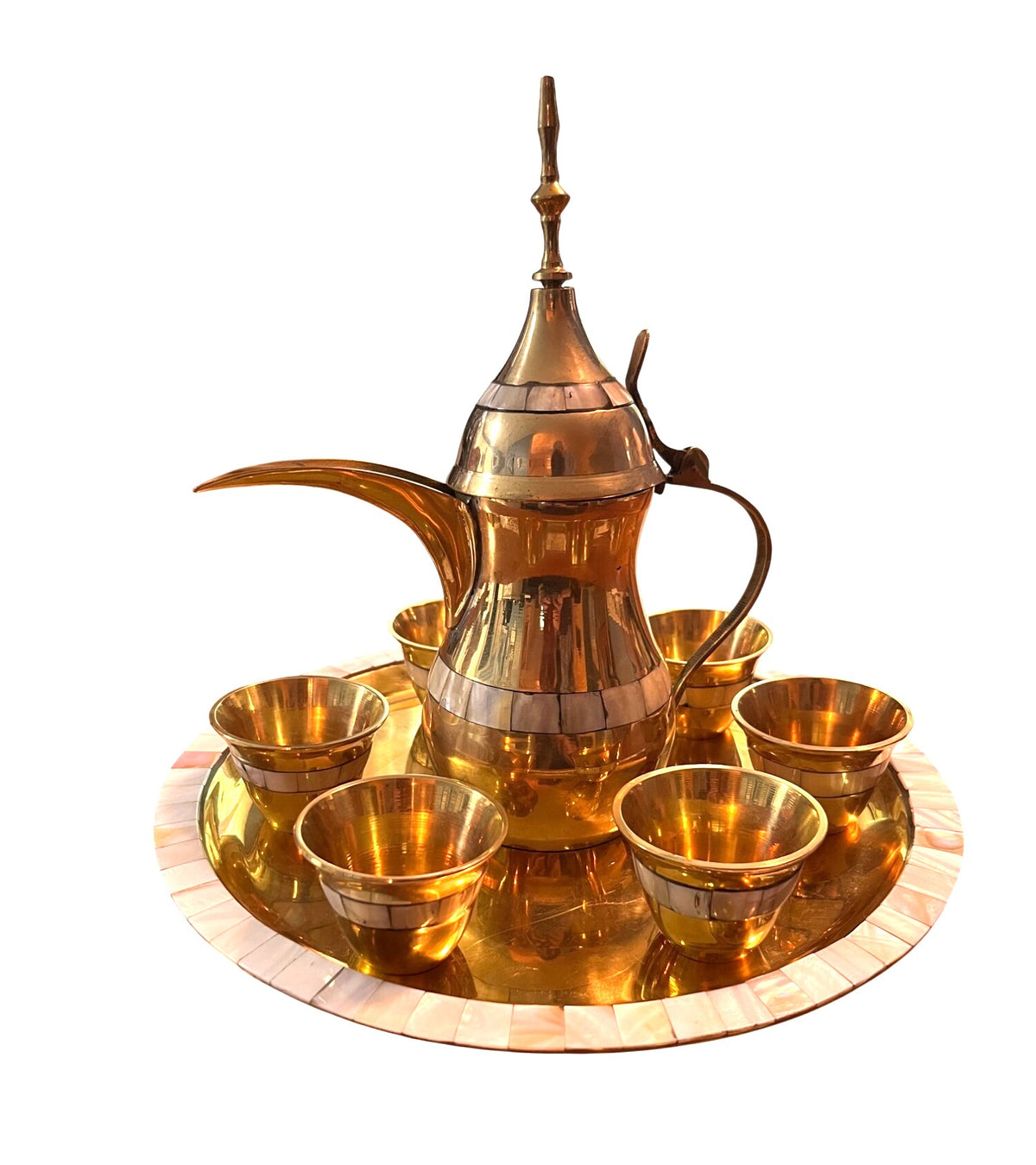 Vintage Brass Dallah Coffee or Tea Set with Teapot 6 Small Cups and Tray Mother of Pearl Accents