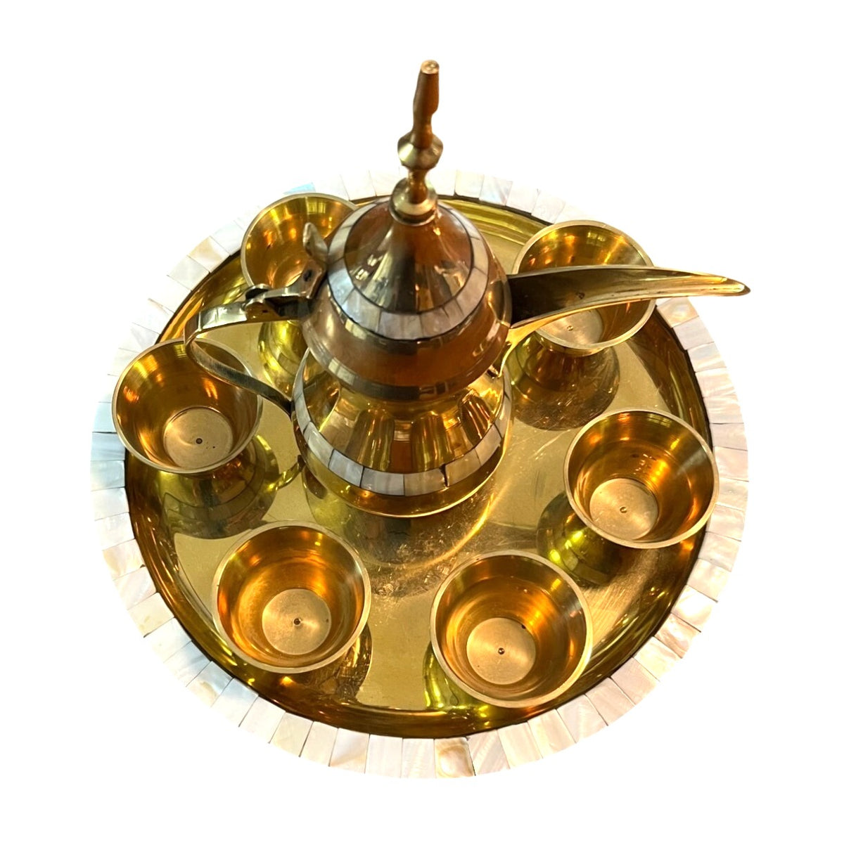 Vintage Brass Dallah Coffee or Tea Set with Teapot 6 Small Cups and Tray Mother of Pearl Accents