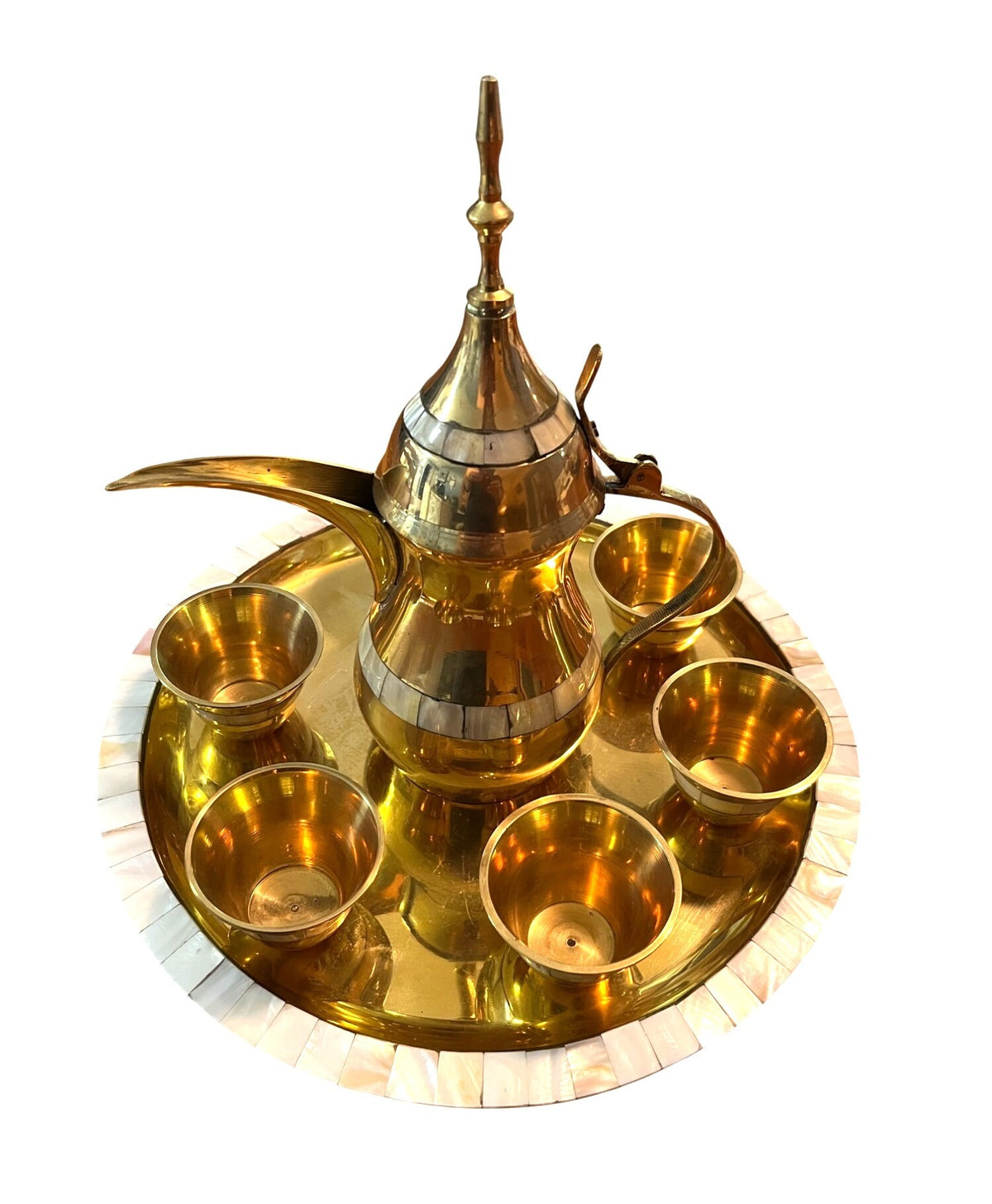 Vintage Brass Dallah Coffee or Tea Set with Teapot 6 Small Cups and Tray Mother of Pearl Accents