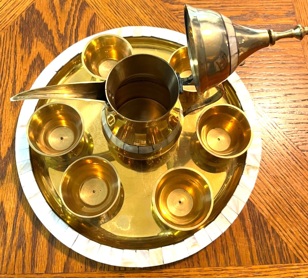 Vintage Brass Dallah Coffee or Tea Set with Teapot 6 Small Cups and Tray Mother of Pearl Accents