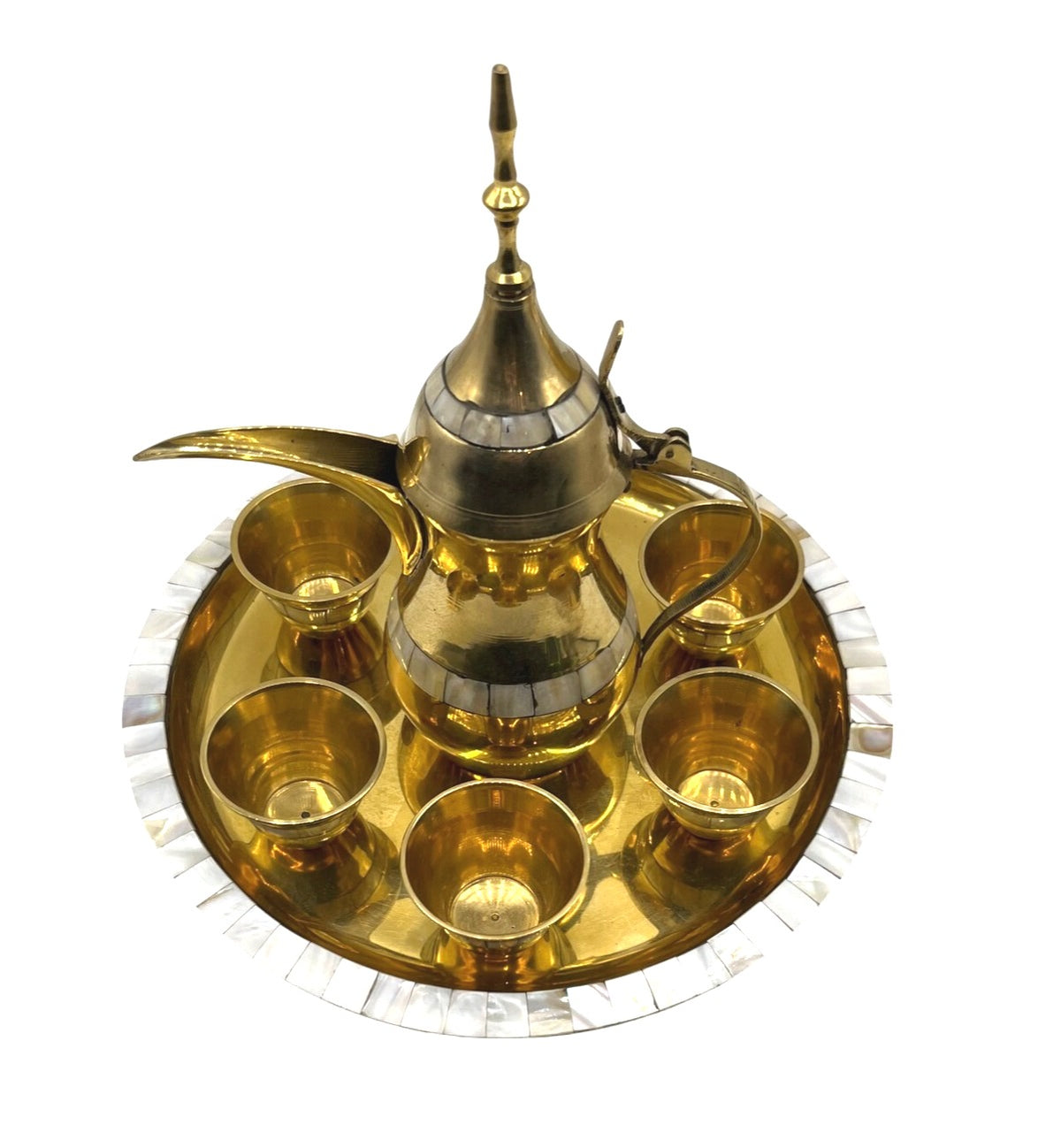 Vintage Brass Dallah Coffee or Tea Set with Teapot 6 Small Cups and Tray Mother of Pearl Accents