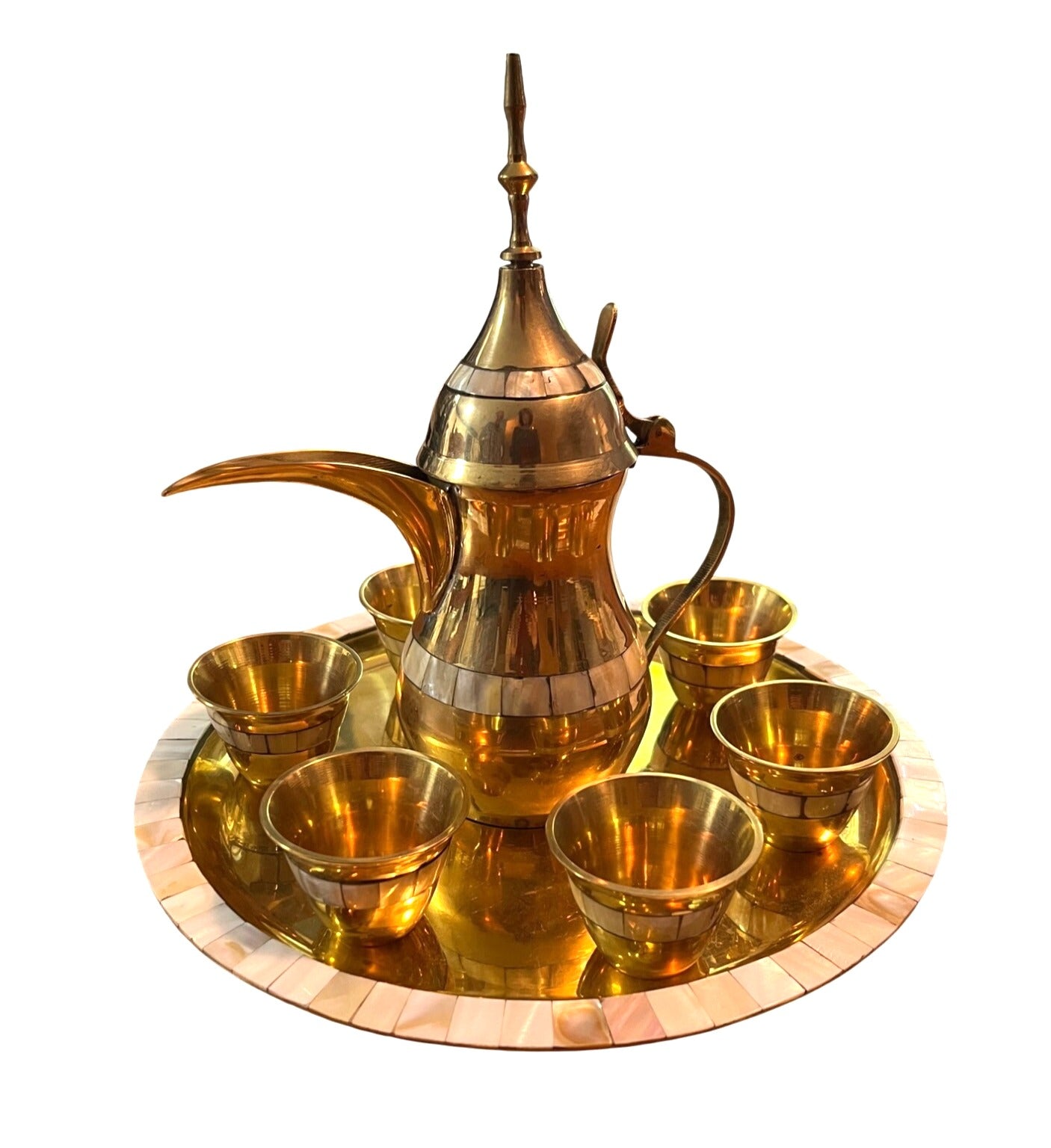Vintage Brass Dallah Coffee or Tea Set with Teapot 6 Small Cups and Tray Mother of Pearl Accents