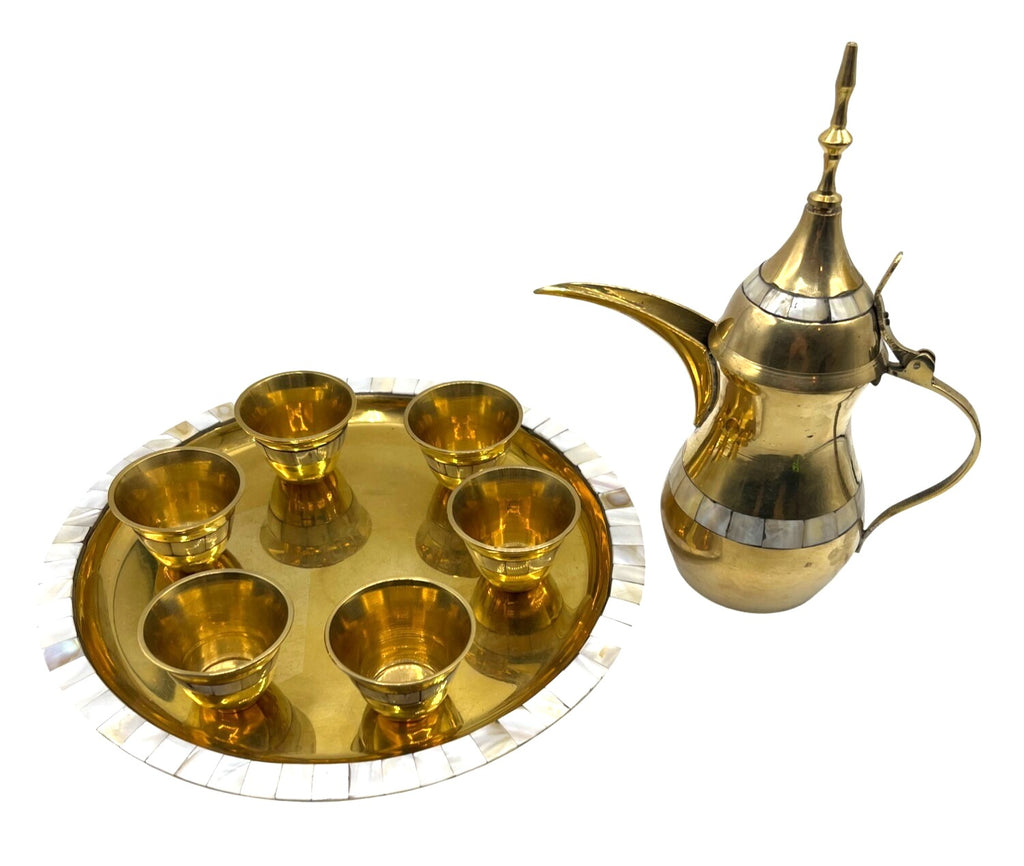 Vintage Brass Dallah Coffee or Tea Set with Teapot 6 Small Cups and Tray Mother of Pearl Accents