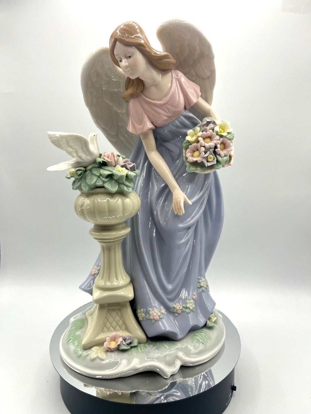 Vintage Hand Painted Porcelain Angel Figurine With Dove Sculptured Flowers & Basket 12" tall