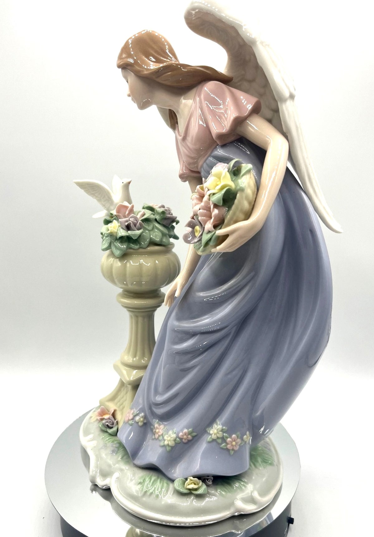 Vintage Hand Painted Porcelain Angel Figurine With Dove Sculptured Flowers & Basket 12" tall