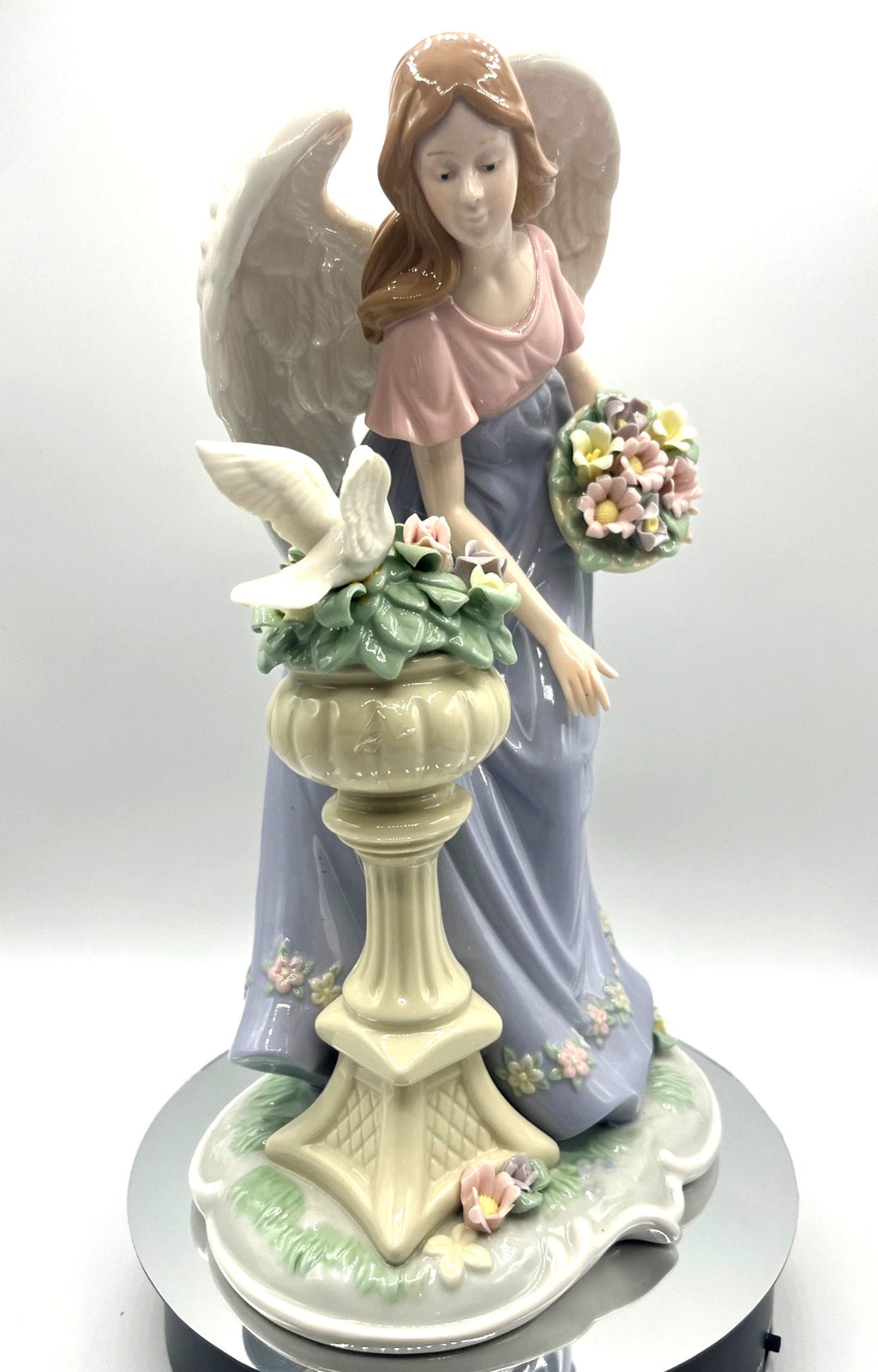 Vintage Hand Painted Porcelain Angel Figurine With Dove Sculptured Flowers & Basket 12" tall