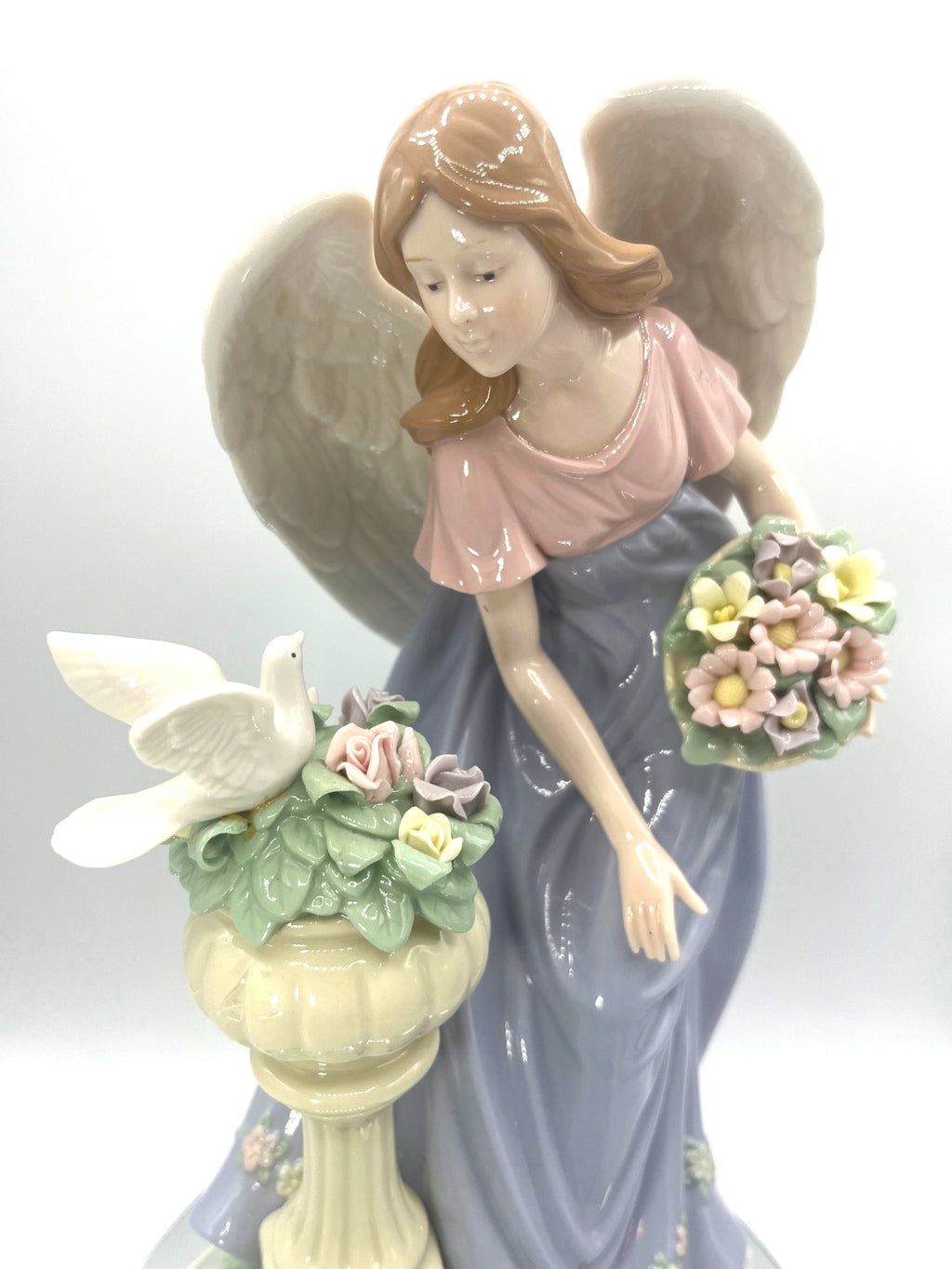 Vintage Hand Painted Porcelain Angel Figurine With Dove Sculptured Flowers & Basket 12" tall