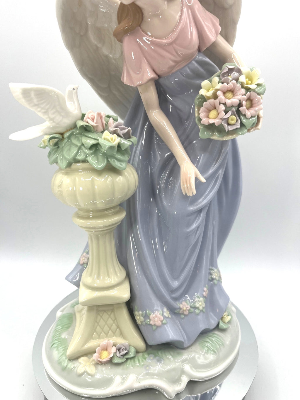 Vintage Hand Painted Porcelain Angel Figurine With Dove Sculptured Flowers & Basket 12" tall