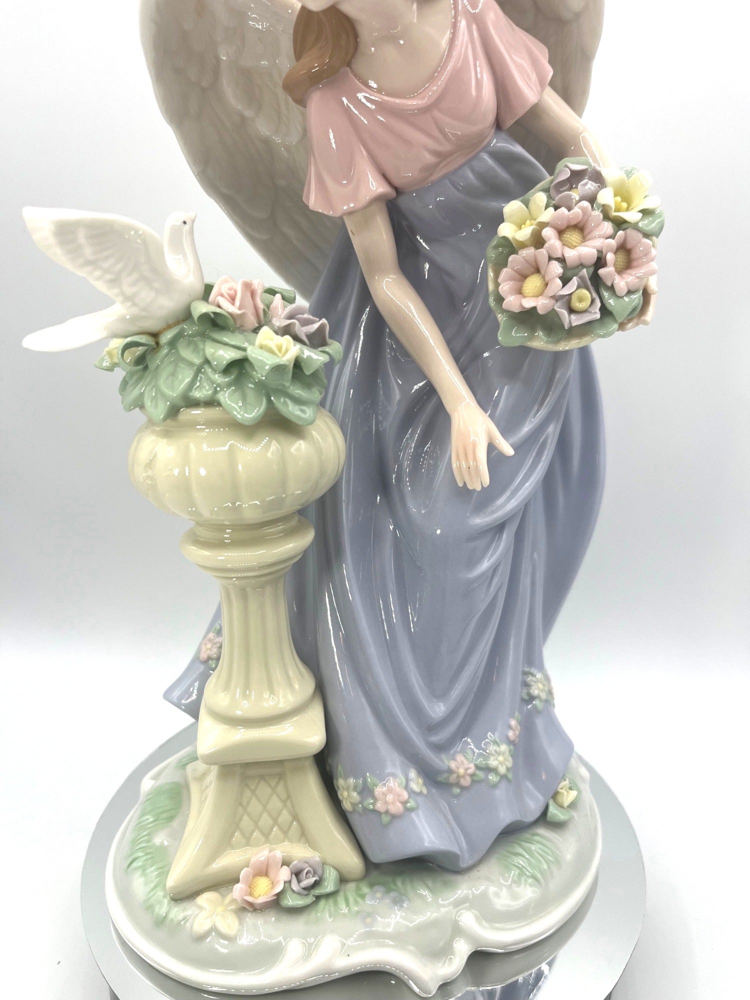 Vintage Hand Painted Porcelain Angel Figurine With Dove Sculptured Flowers & Basket 12" tall