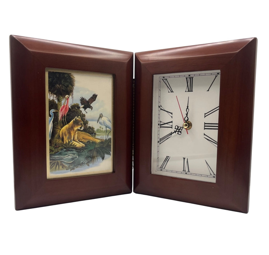 Dual-Sided Wooden Desk Clock Picture Frame With Wildlife Art And Roman Numerals