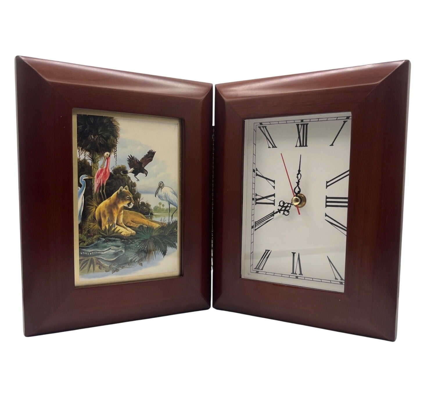 Dual-Sided Wooden Desk Clock Picture Frame With Wildlife Art And Roman Numerals