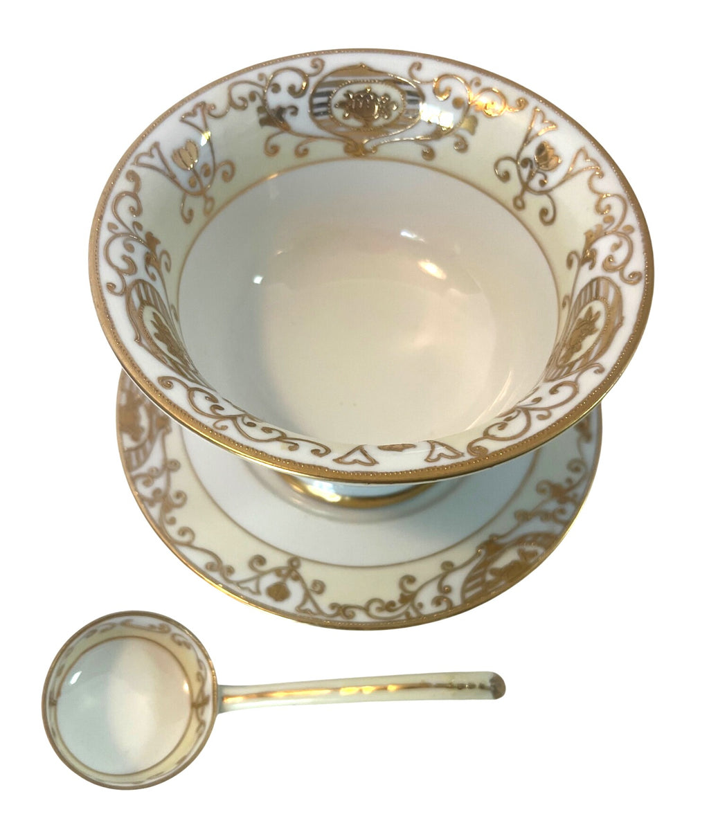 Antique Nippon Hand-Painted Porcelain Sauce Bowl Set - Bowl Underplate & Ladle Gold Filigree Design