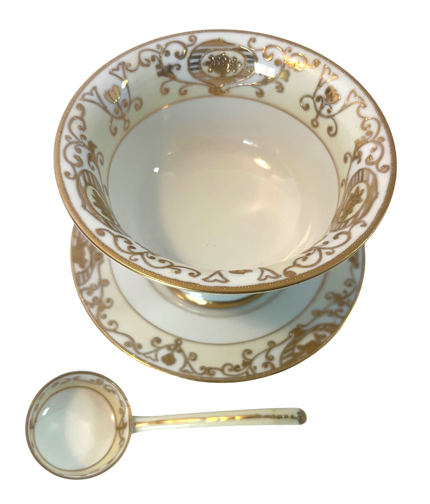 Antique Nippon Hand-Painted Porcelain Sauce Bowl Set - Bowl Underplate & Ladle Gold Filigree Design