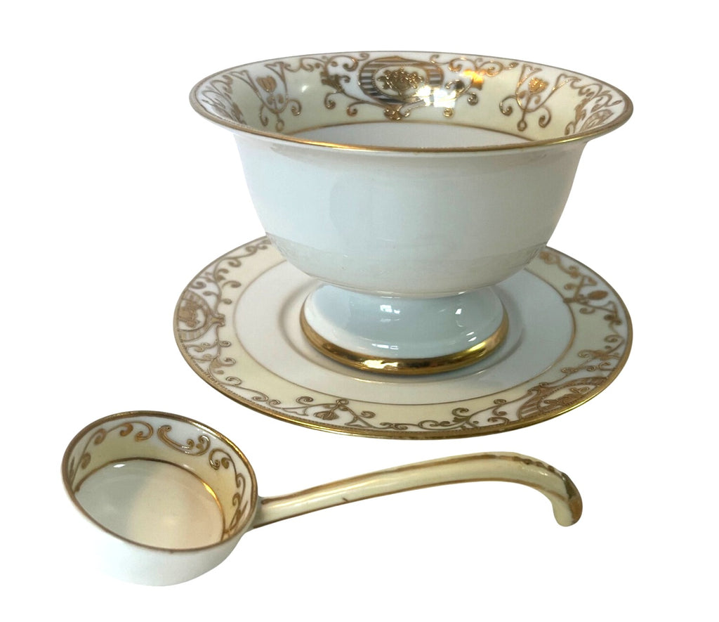 Antique Nippon Hand-Painted Porcelain Sauce Bowl Set - Bowl Underplate & Ladle Gold Filigree Design