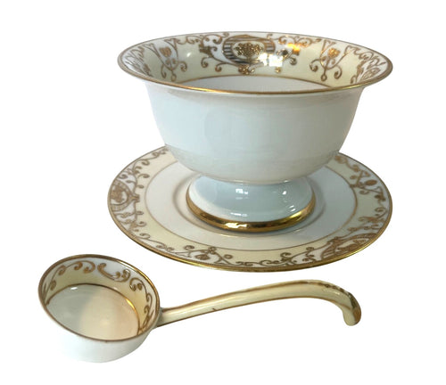 Antique Nippon Hand-Painted Porcelain Sauce Bowl Set - Bowl Underplate & Ladle Gold Filigree Design