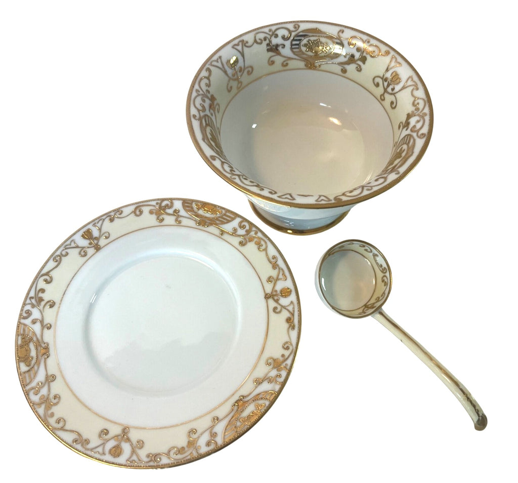 Antique Nippon Hand-Painted Porcelain Sauce Bowl Set - Bowl Underplate & Ladle Gold Filigree Design