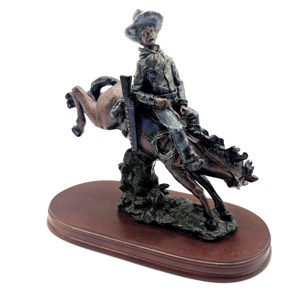 Bronco Riding Cowboy Statue Western Horse Figurine Rodeo Highly Detailed on Wooden Base  9" x 4.5" x 9" tall