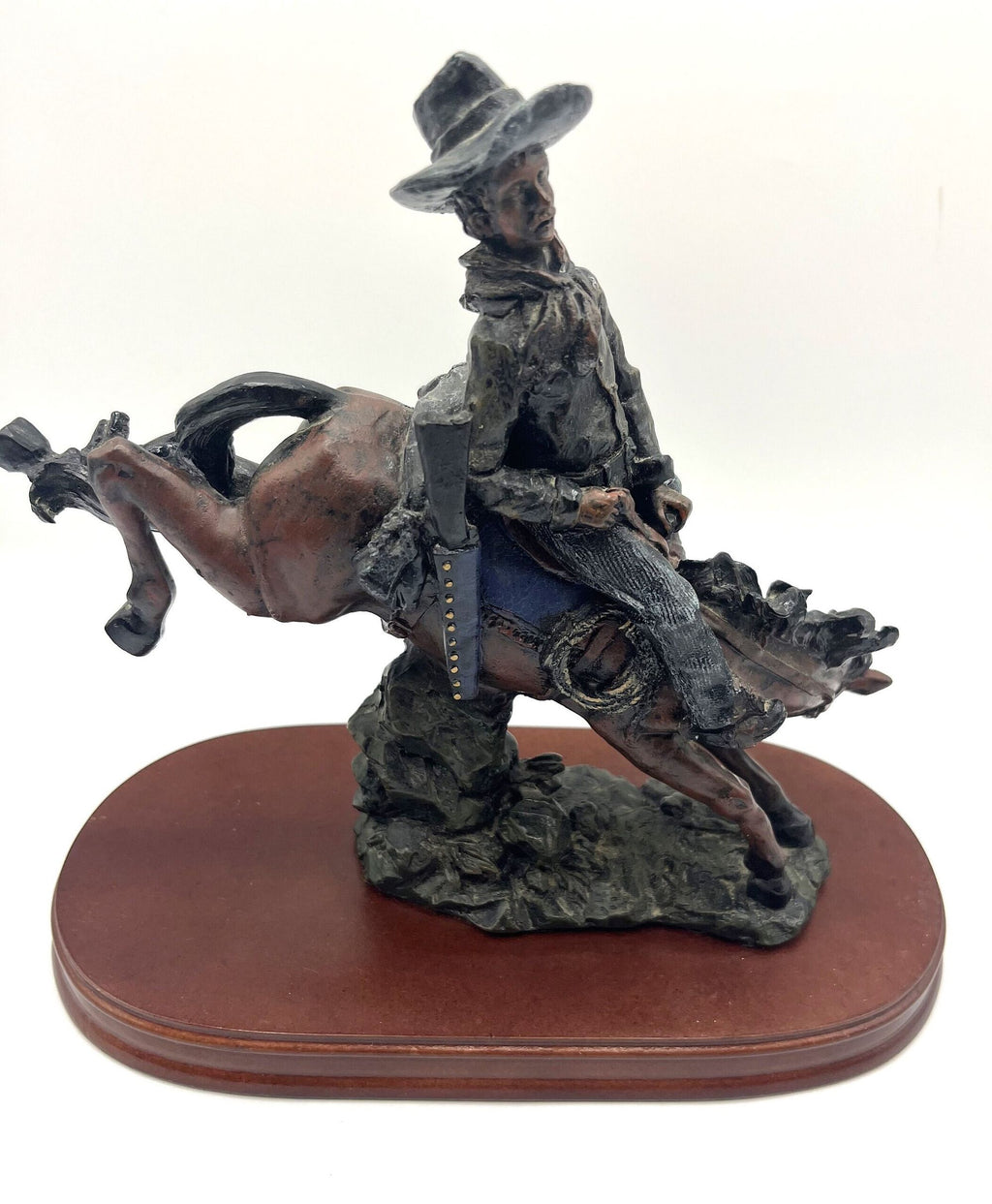 Bronco Riding Cowboy Statue Western Horse Figurine Rodeo Highly Detailed on Wooden Base  9" x 4.5" x 9" tall