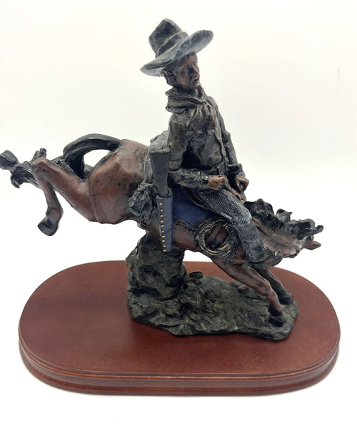 Bronco Riding Cowboy Statue Western Horse Figurine Rodeo Highly Detailed on Wooden Base  9" x 4.5" x 9" tall