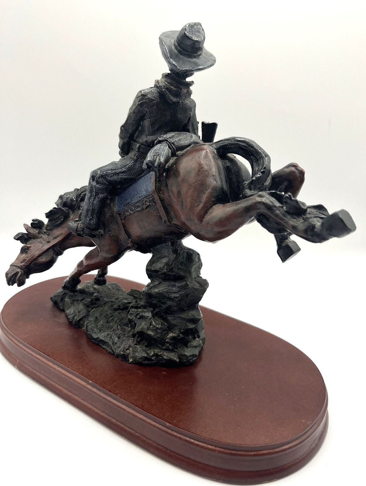 Bronco Riding Cowboy Statue Western Horse Figurine Rodeo Highly Detailed on Wooden Base  9" x 4.5" x 9" tall