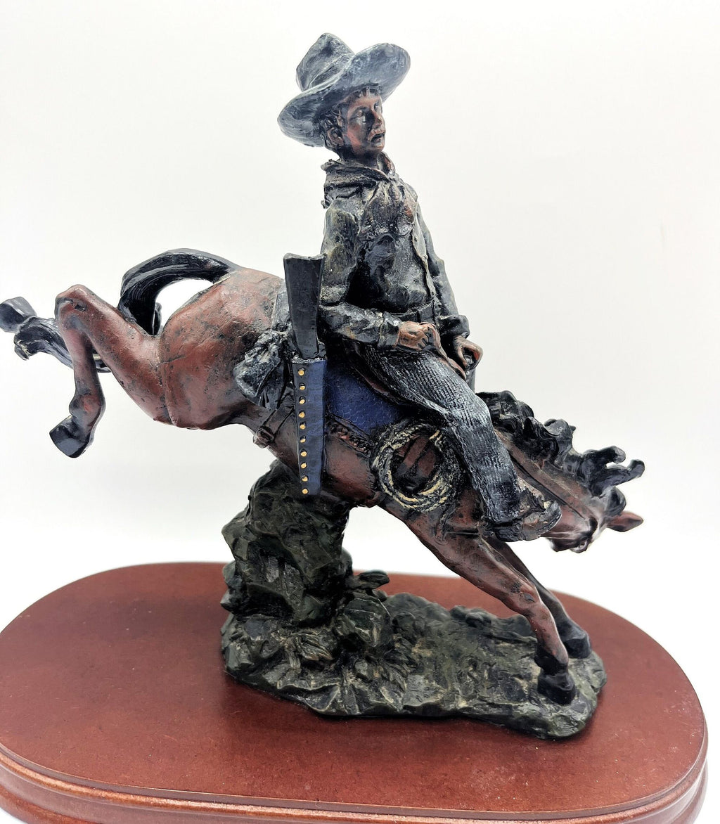 Bronco Riding Cowboy Statue Western Horse Figurine Rodeo Highly Detailed on Wooden Base  9" x 4.5" x 9" tall