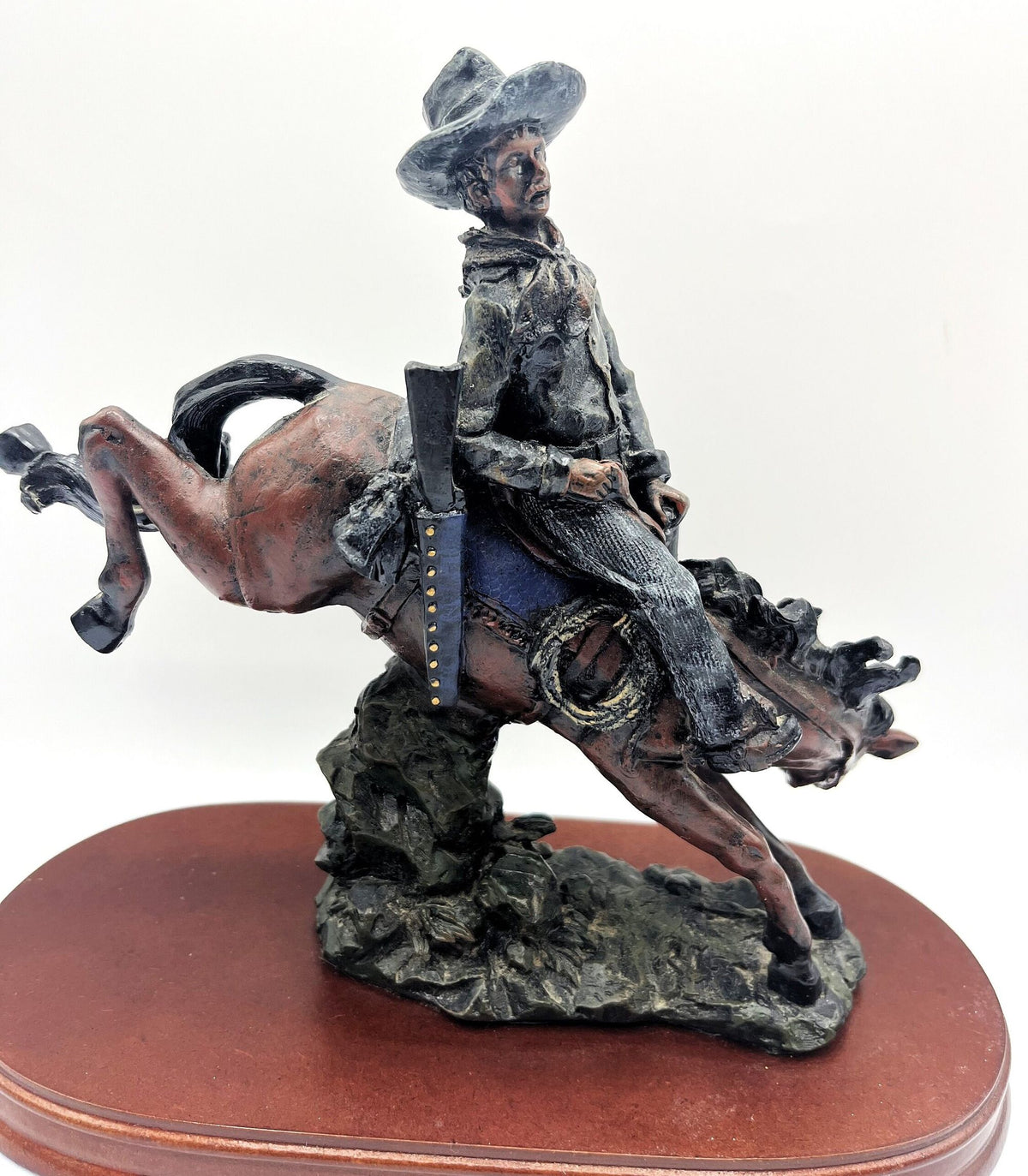 Bronco Riding Cowboy Statue Western Horse Figurine Rodeo Highly Detailed on Wooden Base  9" x 4.5" x 9" tall