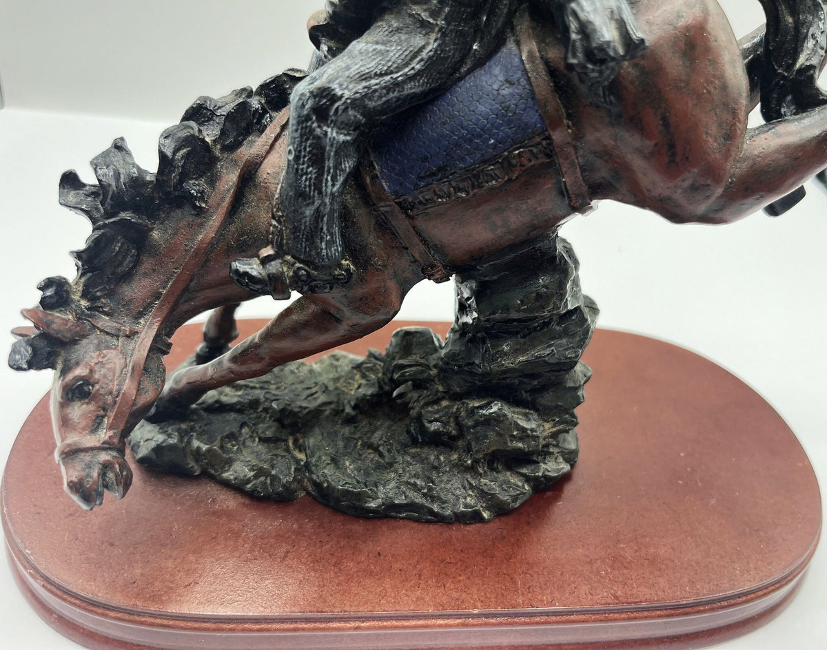 Bronco Riding Cowboy Statue Western Horse Figurine Rodeo Highly Detailed on Wooden Base  9" x 4.5" x 9" tall