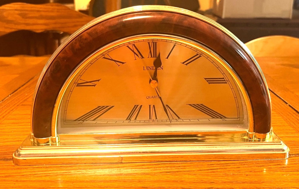 Vintage Linden Desk Clock With Roman Numerals & Brass Look Finish