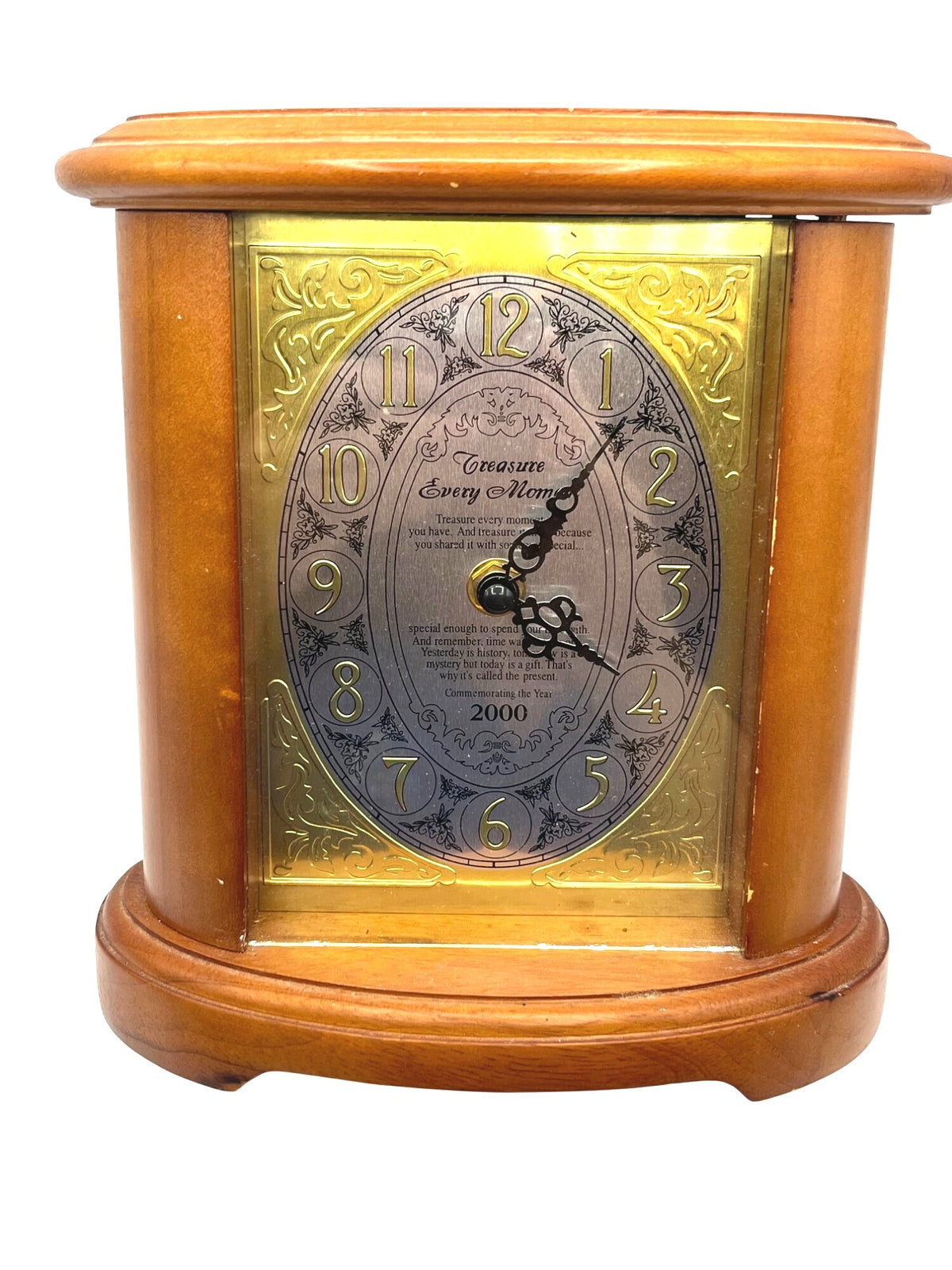 Treasure Every Moment 2000 Wooden Oval Table Clock With Gold & Black Face Vintage-Inspired Home Decor. Chime needs repair. 8.5 tall