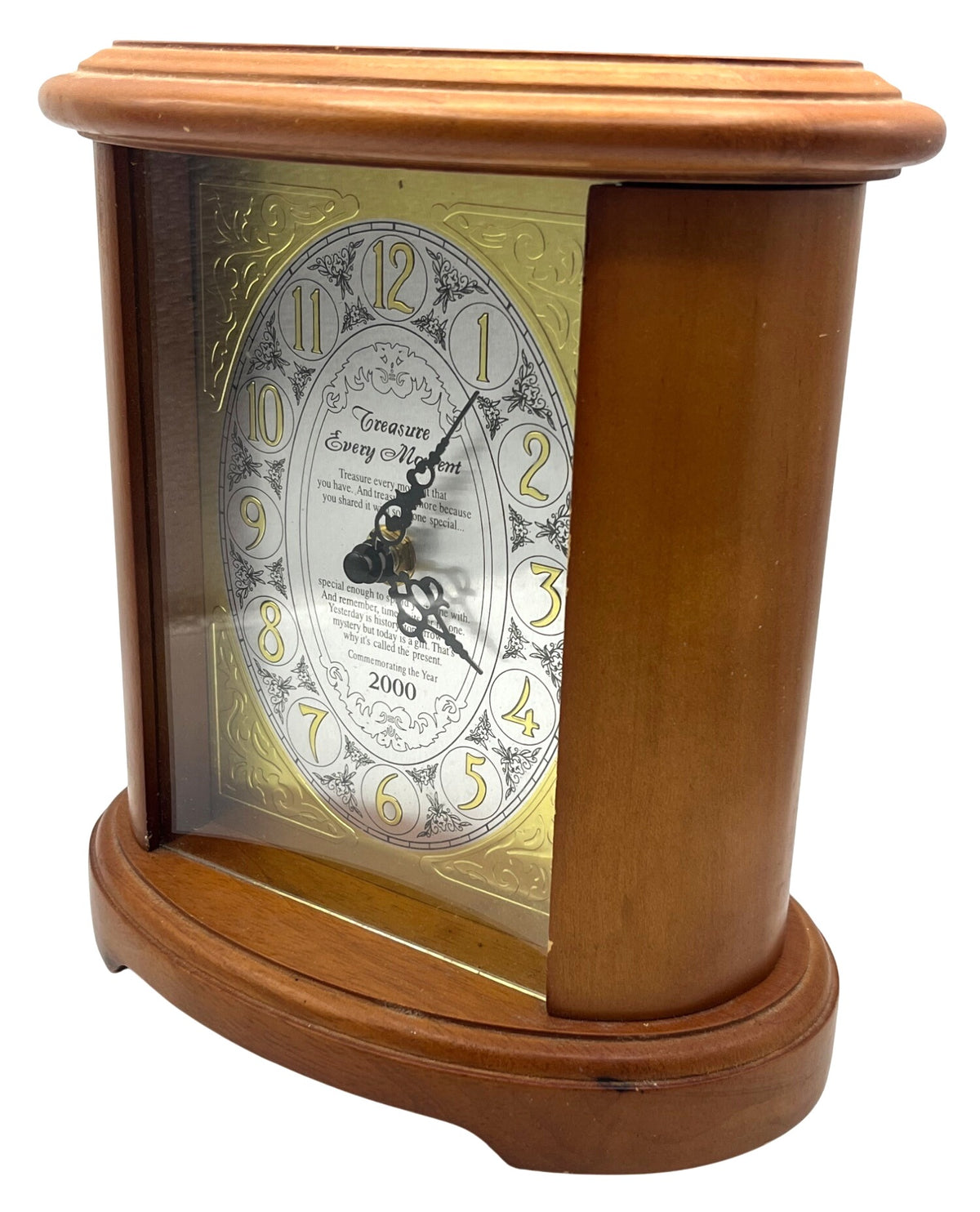 Treasure Every Moment 2000 Wooden Oval Table Clock With Gold & Black Face Vintage-Inspired Home Decor. Chime needs repair. 8.5 tall