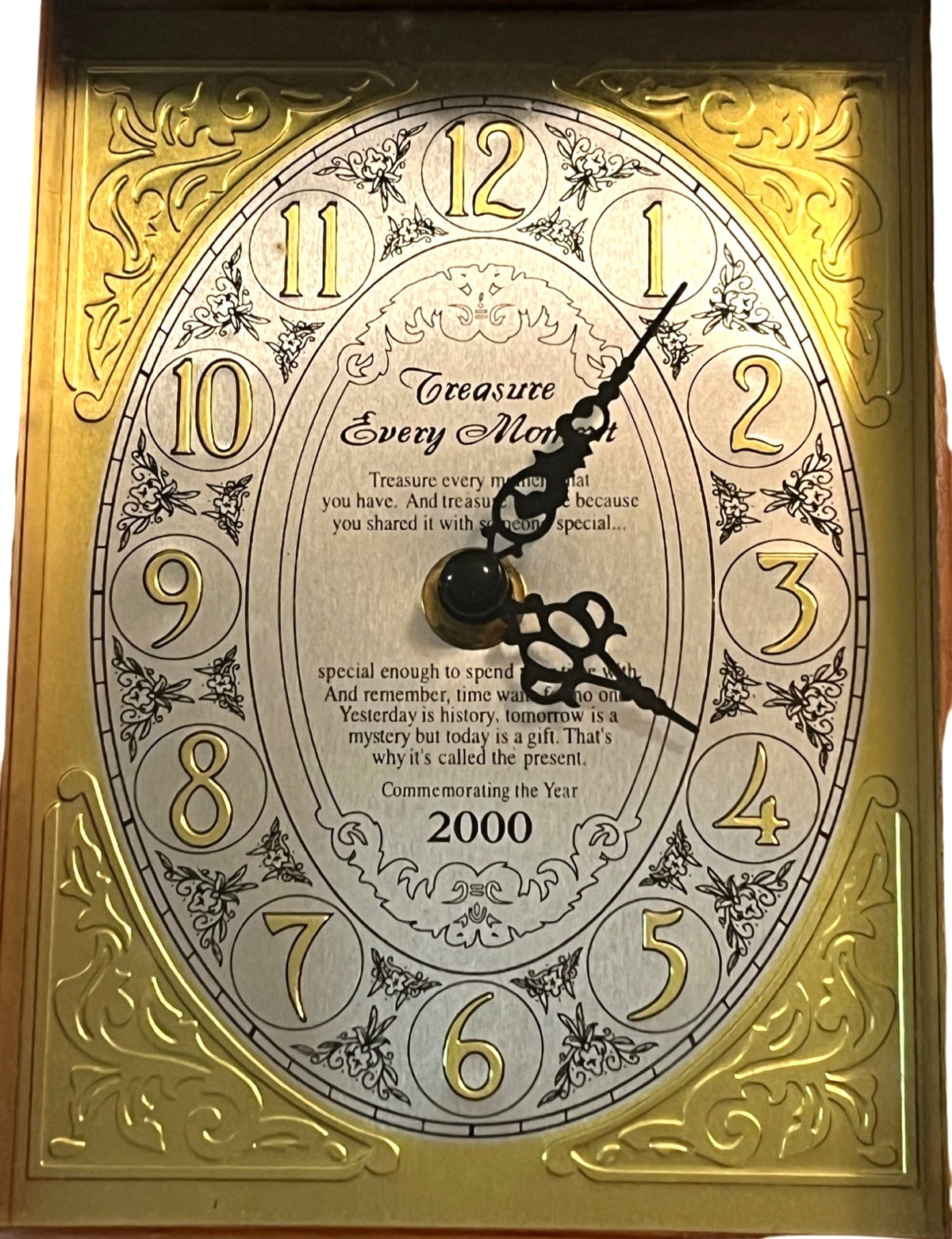 Treasure Every Moment 2000 Wooden Oval Table Clock With Gold & Black Face Vintage-Inspired Home Decor. Chime needs repair. 8.5 tall