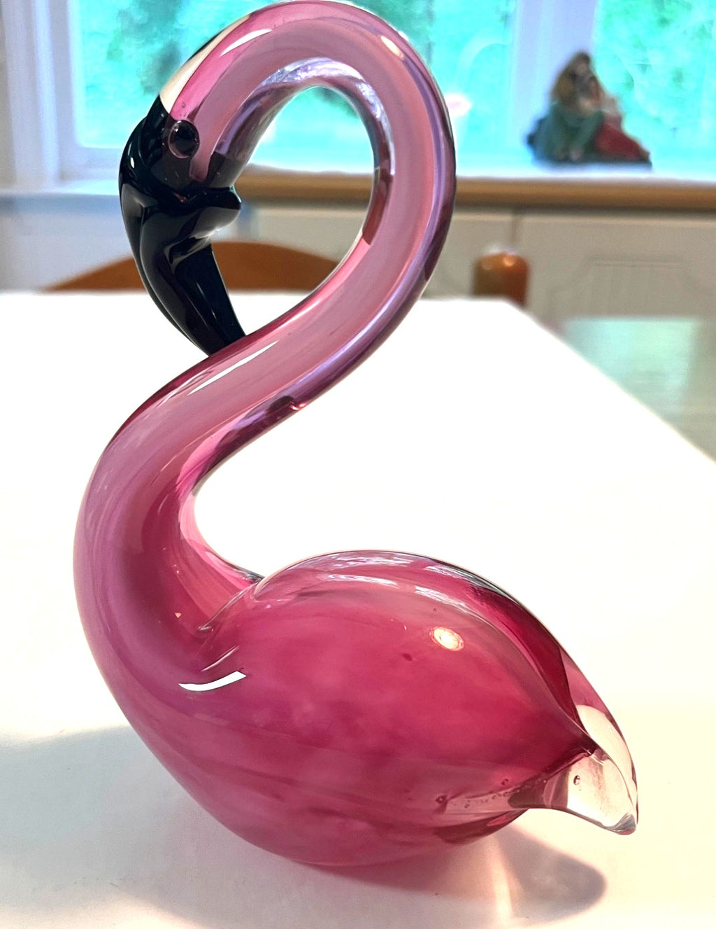 Handblown Art Glass Flamingo Sculpture Pink & Black 6" tall